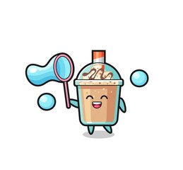 happy milkshake cartoon playing soap bubble