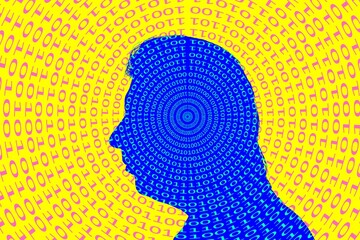 Binary code spiralling out of a man's head, illustration