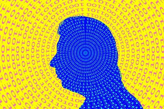 Binary code spiralling out of a man's head, illustration