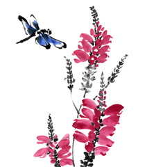 水墨画技法で描かれたハナノトラオとトンボ © kouki