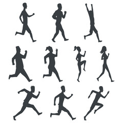 Set of sport movements people silhouette. Active fitness, run, exercise and athletic man and woman variety size. Vector flat side view design in black color.