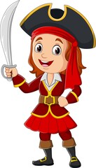 Cartoon pirate girl holding a sword 