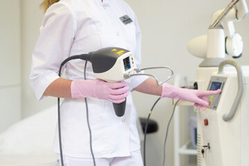 Laser epilation and cosmetology in beauty salon. Hair removal procedure.  Skin Treatment Equipment....