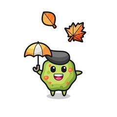 cartoon of the cute puke holding an umbrella in autumn