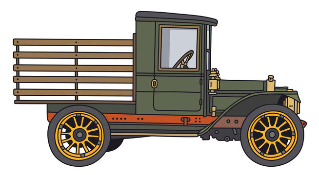 The hand draving of a vintage green lorry truck