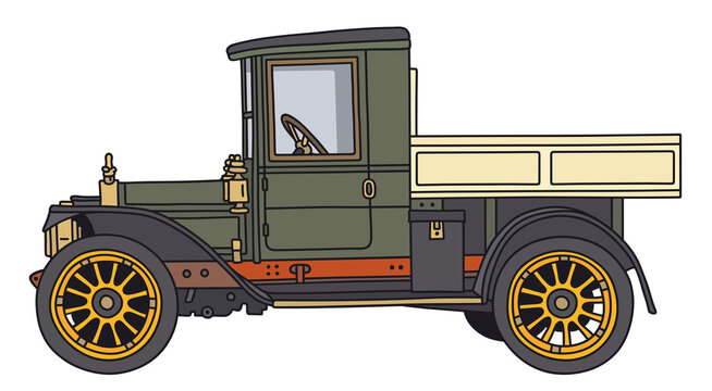 The hand draving of a vintage green and cream lorry truck