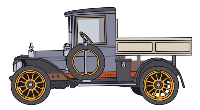 The hand draving of a vintage blue and cream lorry truck