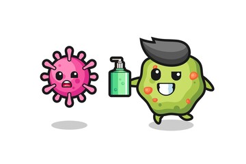 illustration of puke character chasing evil virus with hand sanitizer