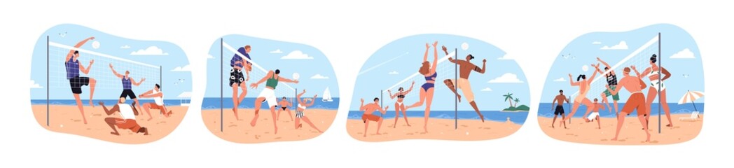 Obraz na płótnie Canvas Set of happy people playing beach volleyball on sand in summer. Players in swimsuits throwing ball through net. Team sports game. Flat vector illustration of beachvolley isolated on white background