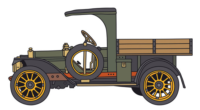 The hand draving of a vintage green lorry truck