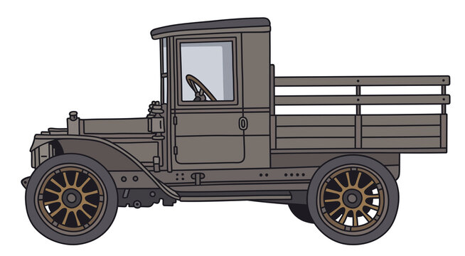 The hand draving of a vintage khaki green military truck