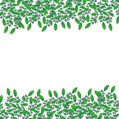 Frame made of plants, leaves, branches, flowers. Green and purple  color. Floral template for invitations, advertisements, greetings, banners.