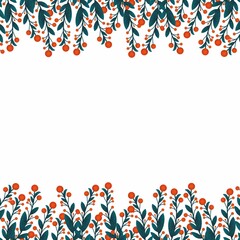 Frame made of plants, leaves, branches, berries red. Blue color. Floral template for invitations, advertisements, greetings, banners.