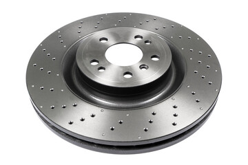 Car brake disc isolated on white background. Auto spare parts. Perforated brake disc rotor isolated on white. Braking ventilated discs. Quality spare parts for car service or maintenance