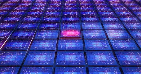 High Tech Electronic Circuit Board Processor. Electrical Data And Signals Flowing. Computer And Technology Related 3D Illustration Render.