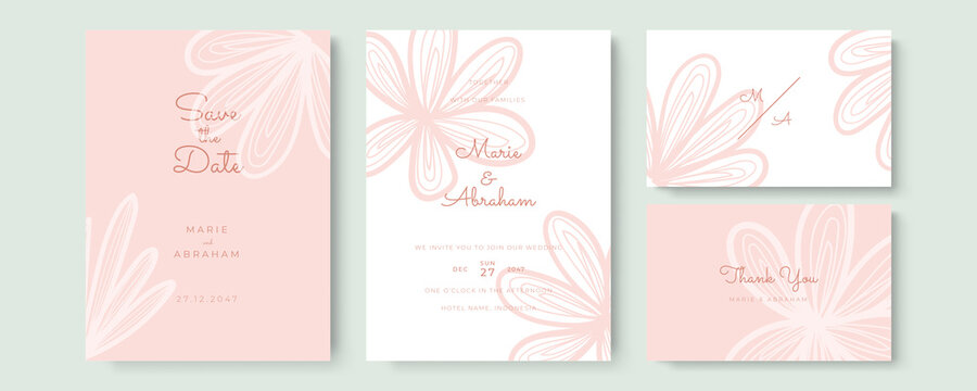 Wedding floral golden invitation card save the date design with pink flowers. Rose gold Wedding Invitation, floral invite thank you, rsvp modern card Design in Hand drawn flower with red berry