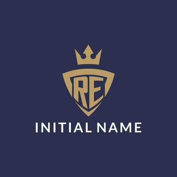 RE logo with shield and crown, monogram initial logo style