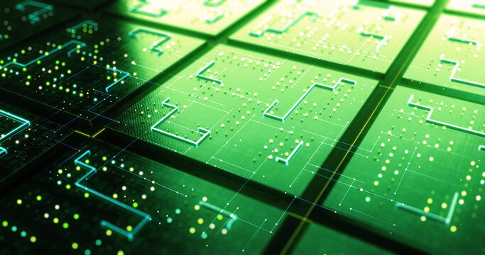 AI Processor Processing Data. CPU Circuit. Data Flowing. Artificial Intelligence. Computer And Technology Related 3D Illustration Render.