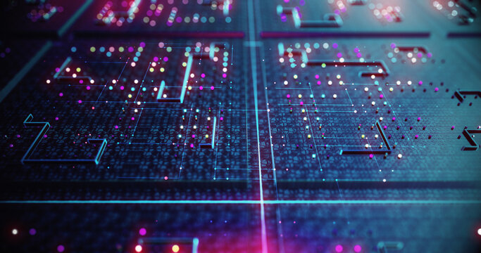 Close Up High Tech Circuit Board. Futuristic Technology. Artificial Intelligence. Computer And Technology Related 3D Illustration Render.