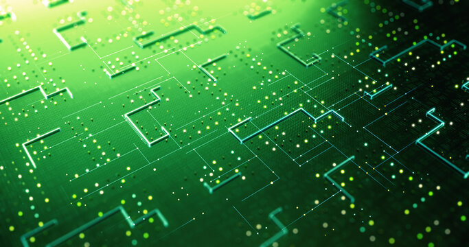 CPU Circuit Technology Background. Data Signals Flowing. Artificial Intelligence. Computer And Technology Related 3D Illustration Render.