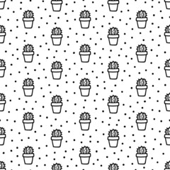 Seamless pattern with hand drawn cacti and dots