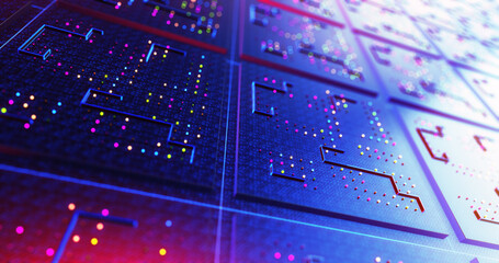 High Tech Electronic Circuit Board. Electrical Signals Flowing. Artificial Intelligence. Computer And Technology Related 3D Illustration Render.