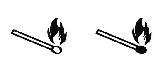 Burning matchstick, lucifer sign. Smoking, fire or flame logo. Burning matches icon. Matches pictogram. Match lighted icon. Funny flat vector cartoon. Red, orange flames