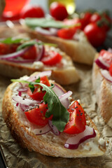 Concept of tasty food with bruschetta snacks