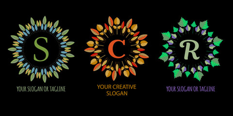 Logo design with capital letter and circle of leaves. Nature template with capital letters, details of leaves and circle frame. Vector illustration with botanical elements.