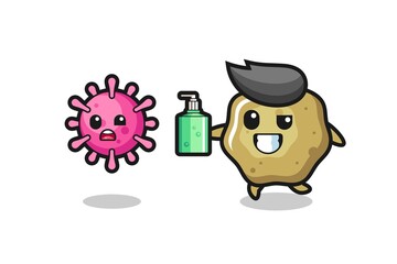 illustration of loose stools character chasing evil virus with hand sanitizer