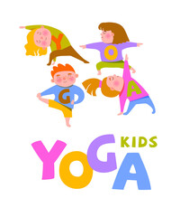 Cute kids doing different yoga asanas. Yoga for children. Poster, postcard.