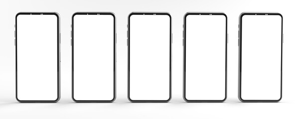 3D rendering of mockups Smartphones white screen on white floor, Mobile phone lay down on the ground. Smartphones white screen can be used for commercial advertising, Isolated on white background.