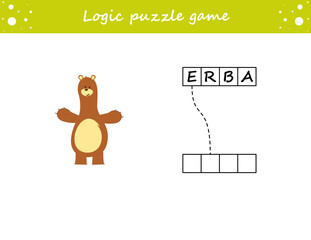 Logic puzzle game. Learning words for kids. Find the hidden name. Activity page for study English. Game for children. Vector illustration.