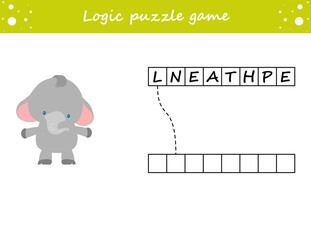 Logic puzzle game. Learning words for kids. Find the hidden name. Activity page for study English. Game for children. Vector illustration. Cartoon style.