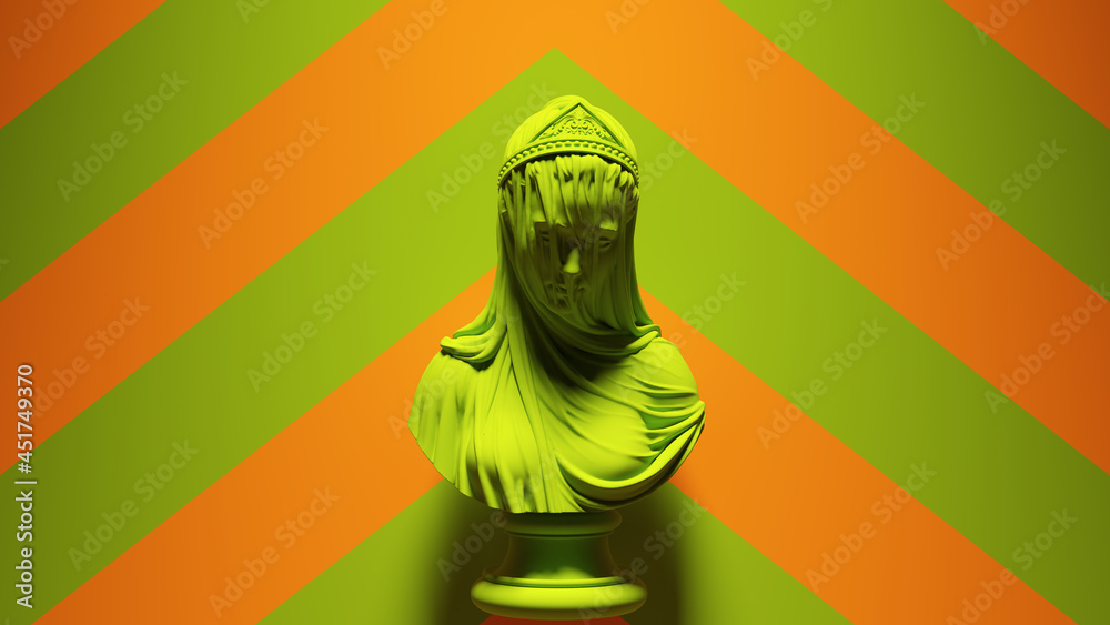 Wall mural green female classical drapery portrait sculpture with green an orange chevron background 3d illustr