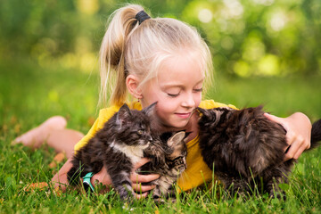 little girl playing with small kittens at warm and sunny summer day