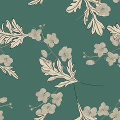 Poster Floral seamless pattern, golden shower flowers and line art leaves on green © momosama