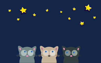 Three cats funny postcard. Cartoon style illustration of cats on night background. Great design element for sticker, postcard or poster. Unique and fun drawin.