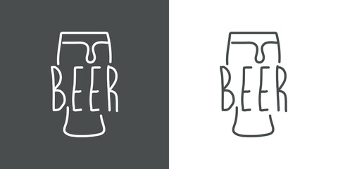 Logotipo con texto manuscrito Beer escrito a mano en silueta de vaso con espuma con lineas en fondo gris y fondo blanco