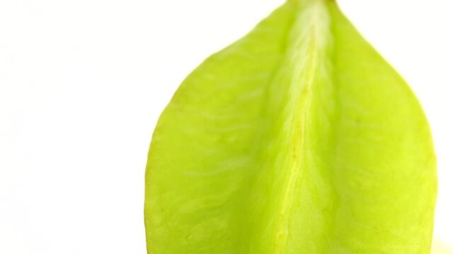 4K Organic star fruit carambola or star apple ( starfruit ) close-up rotates on a white background