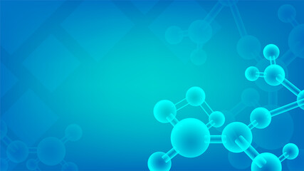 Biology and chemical background with atom structure on blue background. Data network technology template with blank space for design and creative idea for presentation.