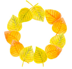 Watercolor hand drawn autumn leaves wreath circle yellow
