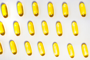 Flat lay of vitamin omega 3 in capsule, fish oil with empty space