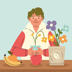 guy with fruits and flowers