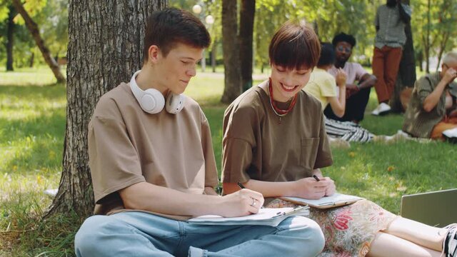 Young cheerful college girl and boy sitting together on grass in park, taking notes on clipboard and talking while studying together outdoors on summer day