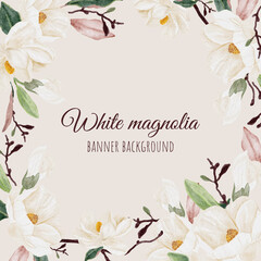 watercolor white magnolia flower branch bouquet square banner background © Unchalee