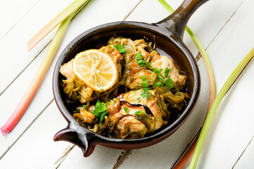Appetizing chicken breast baked with rhubarb