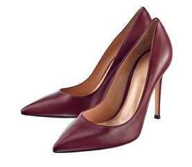 Pair of classic closed women's high-heeled shoes, made of rich burgundy leather, isolated on a white background.