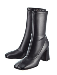 Beautiful pair of classic demi-season boots with a blunt toe, high heels, made of black leather, isolated on a white background.