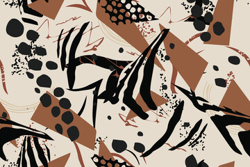 Zebra. Strips and spots. Safari. Abstract tropical pattern. Stylized shapes. Fashionable ornament. Seamless texture